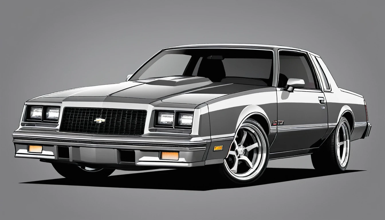 1986 Chevy Monte Carlo SS, 2 door, pop art, cartoonish style,detailed, illustration, slammed to the ground, large  staggered wheels, wide body, masterpiece, highly detailed ((([simple grey background])))