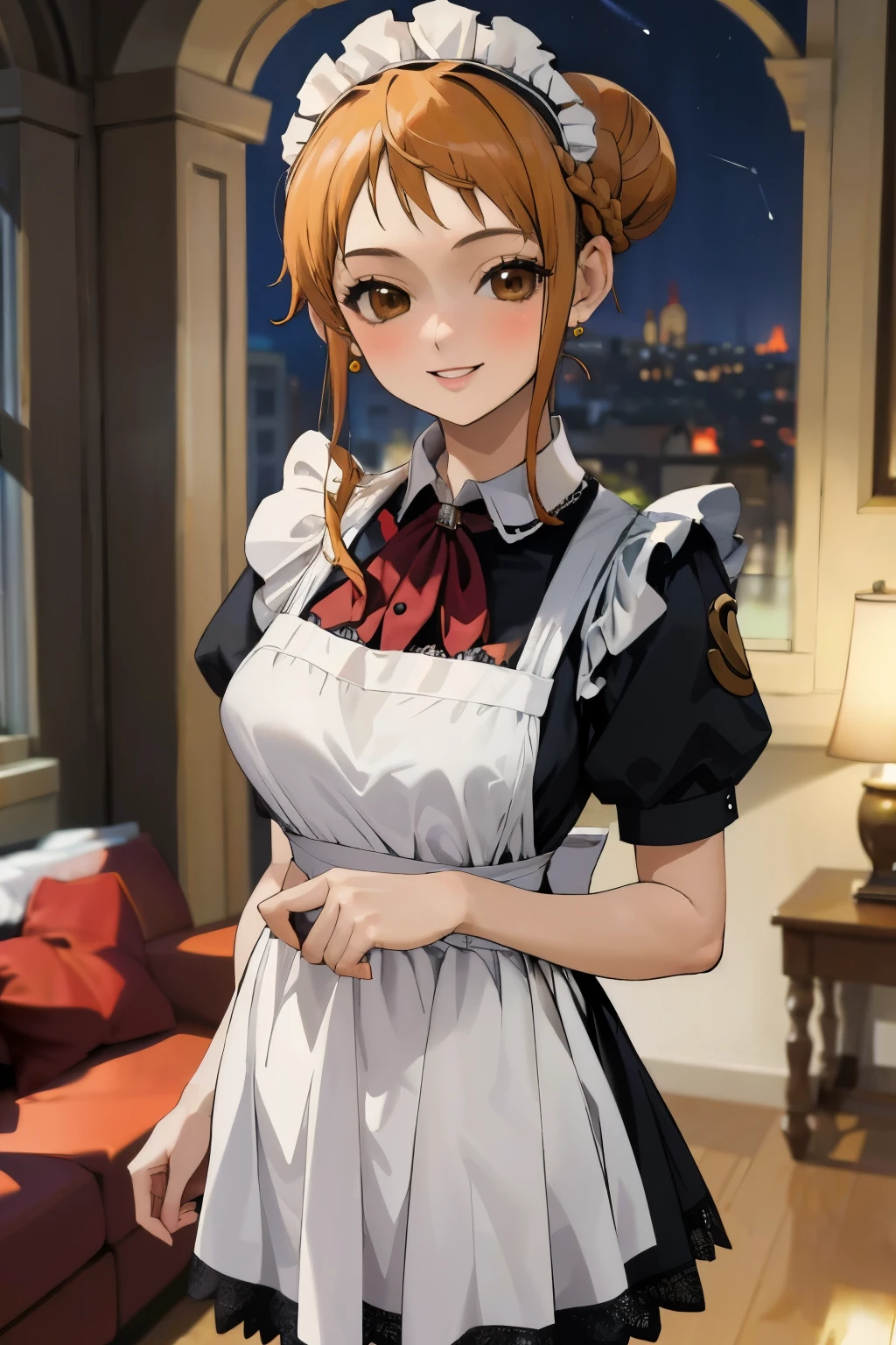 masterpiece, best quality, ultra-detailed, 1girl (namiop, Big and pretty breasts, jewelry, earrings, dog collar, orange hair, , single hair bun, brown eyes), smile, makeup, glow lips, facing viewer, looking at viewer, solo, maid(black), frill, apron, maid headdress, white lace thighhighs, mini skirt, wanostyle, night time, in the livingroom, standing, 