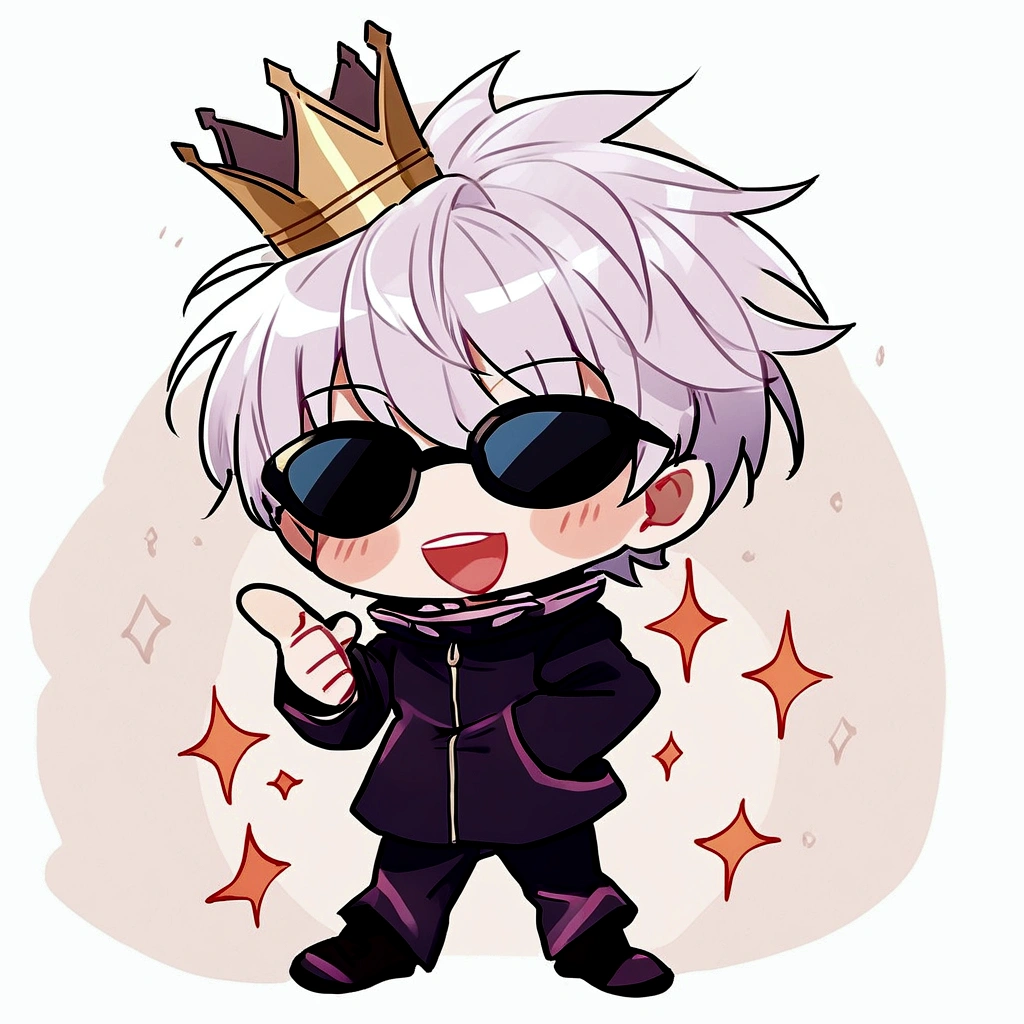 make gojo satoru in a happy moment, keep his crown.