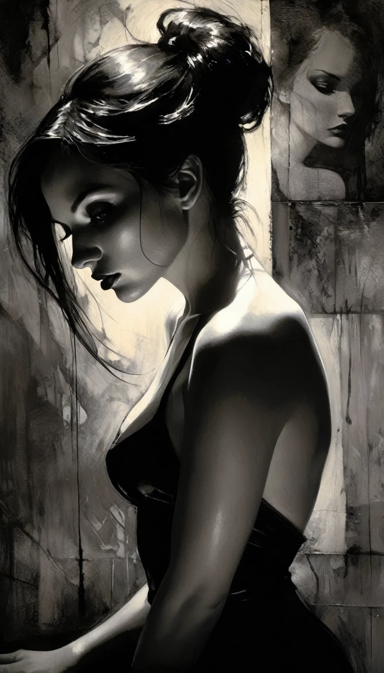 eroticism, sexy, black and white image,lingerie, between shadows, oil painting, chiaroscuro, sensual, dramatic lighting, moody atmosphere, photorealistic, intricate details, masterpiece, ultra-detailed, high quality, 8k, best quality, realistic, cinematic, dark and brooding, expressionistic, powerful composition, emotional impact, Bill Sienkiewicz inspired art, minimalis room, dark scene
