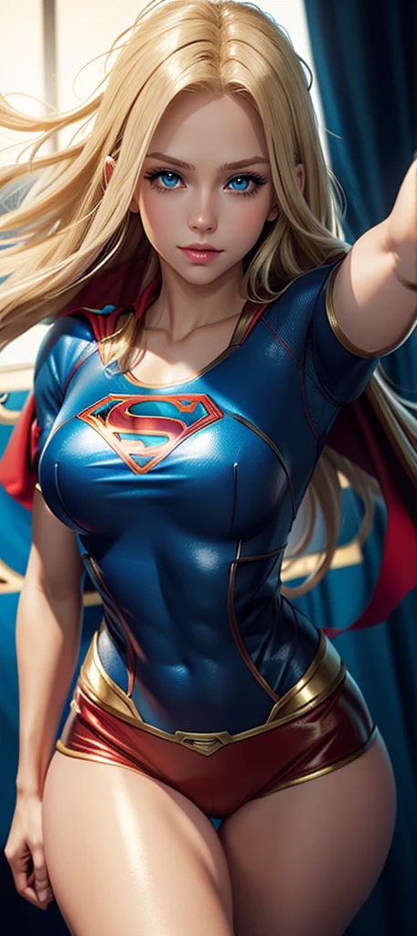 The character Supergirl, perfect costume, shiny blue eyes, beautiful blond hair,