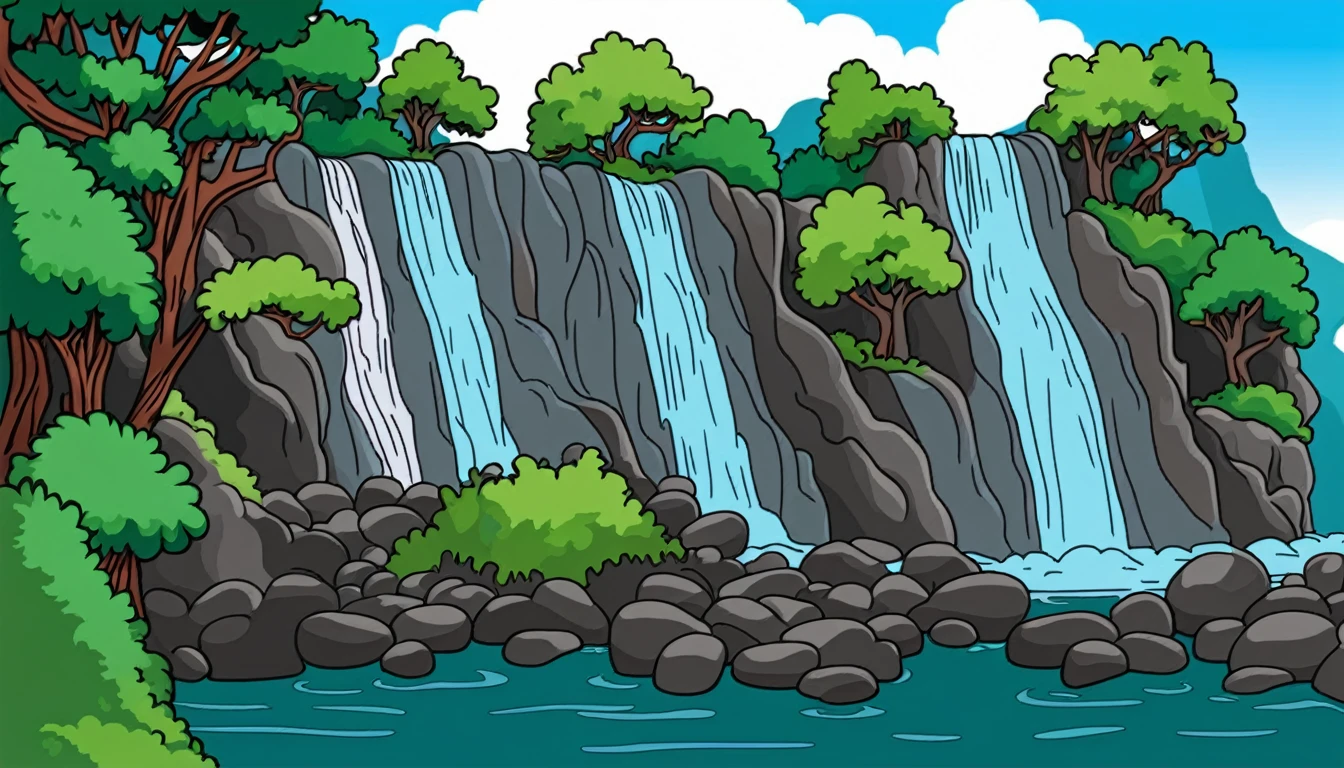 /Imagine Prompt: Waterfall illustration for banner on white background, bold outline style, irregular, Trashcore, light shading