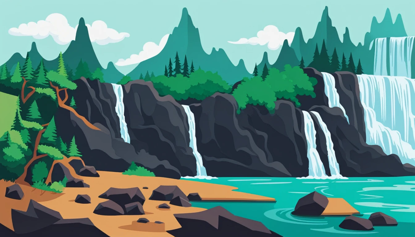 /Imagine Prompt: Waterfall illustration for banner on white background, bold outline style, irregular, Trashcore, light shading