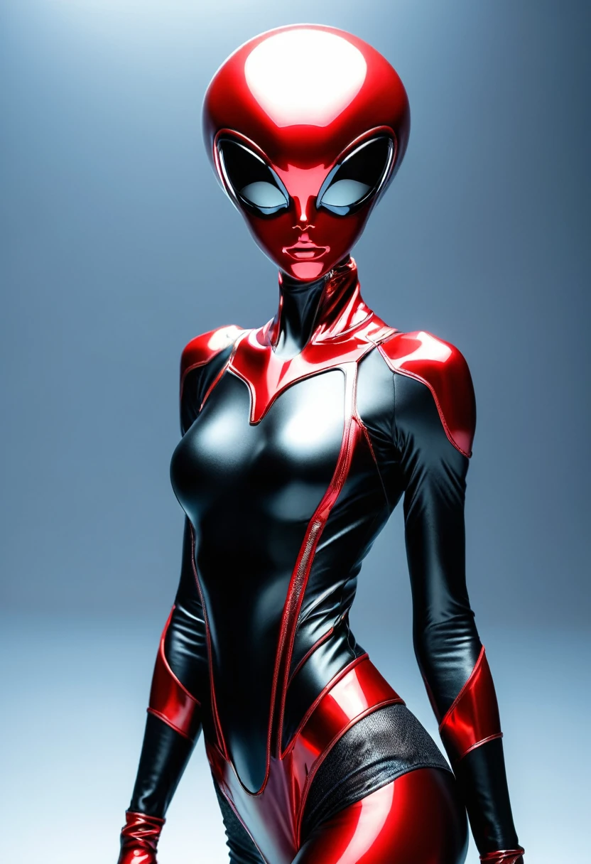 An otherworldly creature with large, expressive eyes and long, thick eyelashes stands in a dramatic pose, leaning forward slightly. This skinny being is adorned in an elaborate, oversized outfit that contrasts sharply with its slender frame. The scene is rendered in striking 3D, capturing every intricate detail of the creature's unique appearance and attire. The creature's big eyes seem to shimmer with an inner light, drawing the viewer into its mysterious, alien presence.
