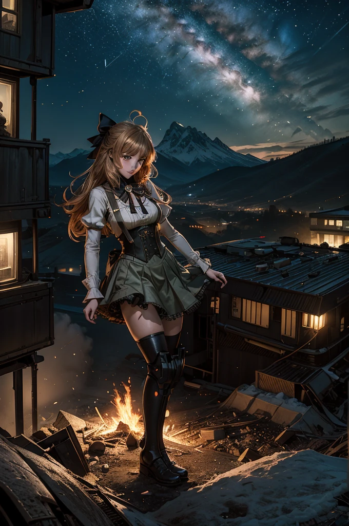 cowboy shot, (dynamic pose), smile,  underbust, Penny Polendina, long hair, neck ribbon, suspender skirt, corset, black bow, white blouse, mechanical legs, neon trim, standing, ((people in city ruins on hill, overlooking valley)), BREAK night, stars, moon, snow, BREAK mountains in background, waterfall, vehicle wreck, ((people in military uniform)), bonfires, post-apocalypse, dystopian future, (volumetric lighting), intricate details, tonemapping, sharp focus, hyper detailed

