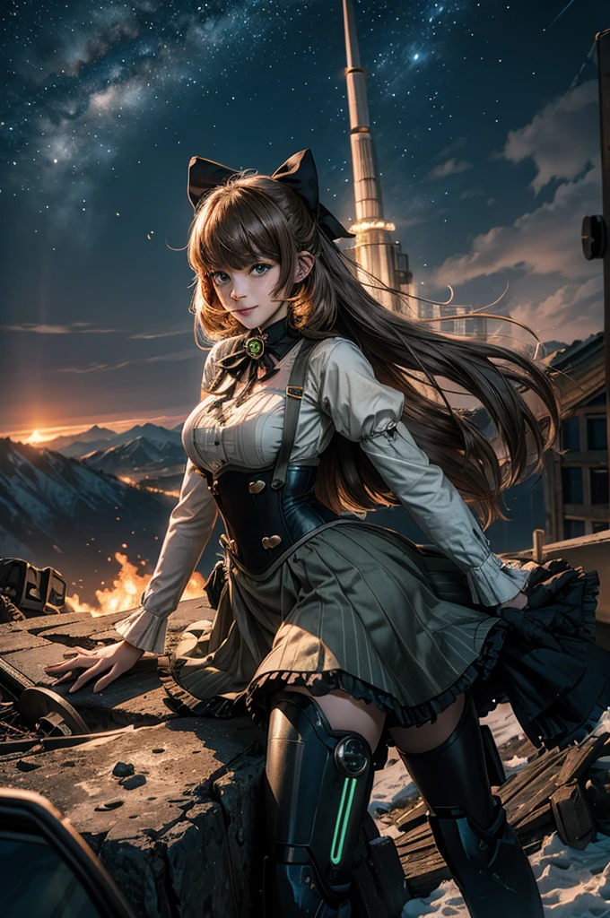 cowboy shot, (dynamic pose), smile,  underbust, Penny Polendina, long hair, neck ribbon, suspender skirt, corset, black bow, white blouse, mechanical legs, neon trim, standing, ((people in city ruins on hill, overlooking valley)), BREAK night, stars, moon, snow, BREAK mountains in background, waterfall, vehicle wreck, ((people in military uniform)), bonfires, post-apocalypse, dystopian future, (volumetric lighting), intricate details, tonemapping, sharp focus, hyper detailed

