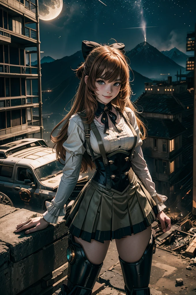 cowboy shot, (dynamic pose), smile,  underbust, Penny Polendina, long hair, neck ribbon, suspender skirt, corset, black bow, white blouse, mechanical legs, neon trim, standing, ((people in city ruins on hill, overlooking valley)), BREAK night, stars, moon, snow, BREAK mountains in background, waterfall, vehicle wreck, ((people in military uniform)), bonfires, post-apocalypse, dystopian future, (volumetric lighting), intricate details, tonemapping, sharp focus, hyper detailed

