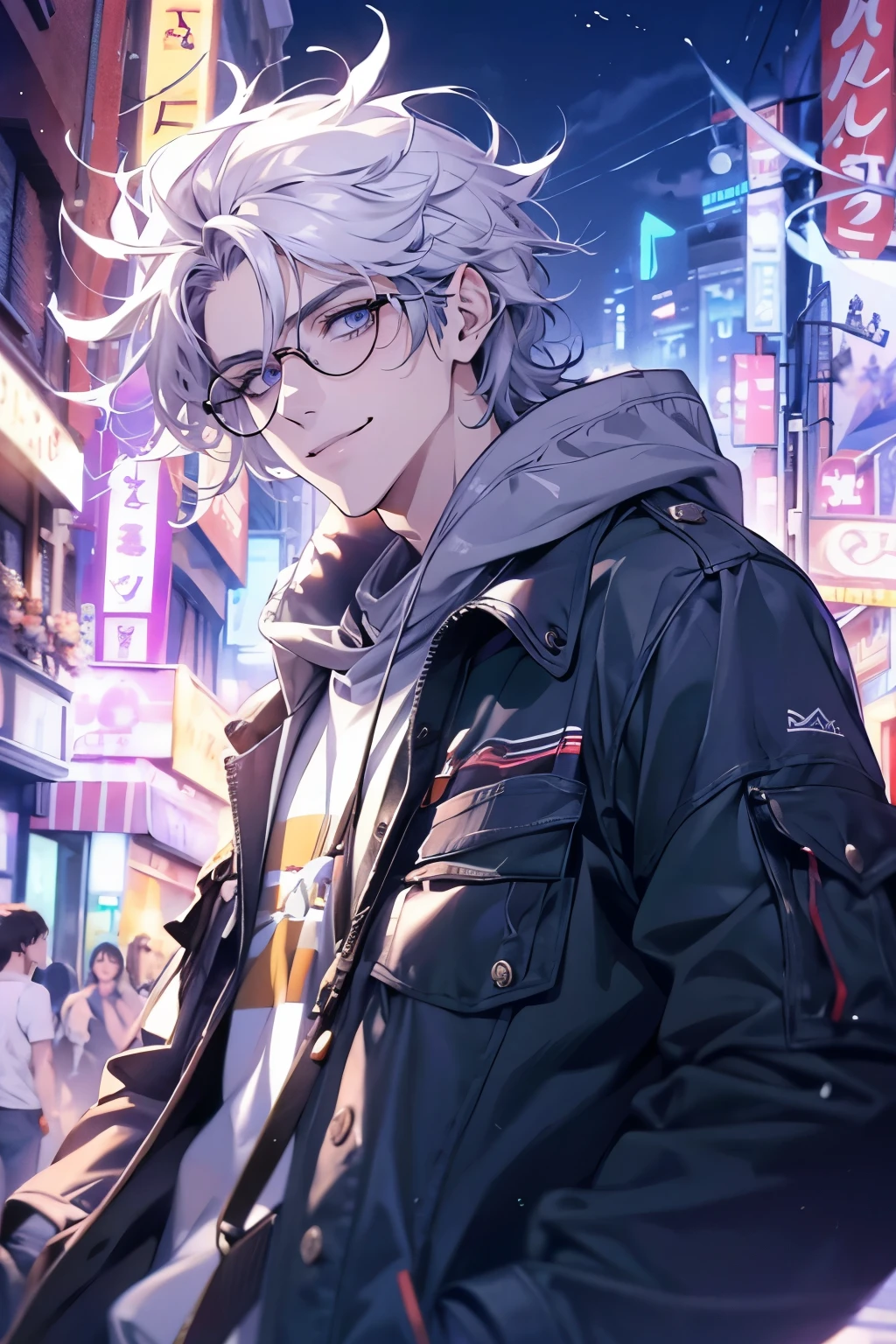 Best quality, masterpiece, ultra-detailed 4k, cinematic, college student, 185cm tall, handsome boy in his 20s, messy hair, white hair, parted hairstyle, violet eyes, ultra detailed eyes, wearing big glasses, looking at the viewer, casually standing, wearing casual modern attire, smiling, the focus should be on the character, High definition,