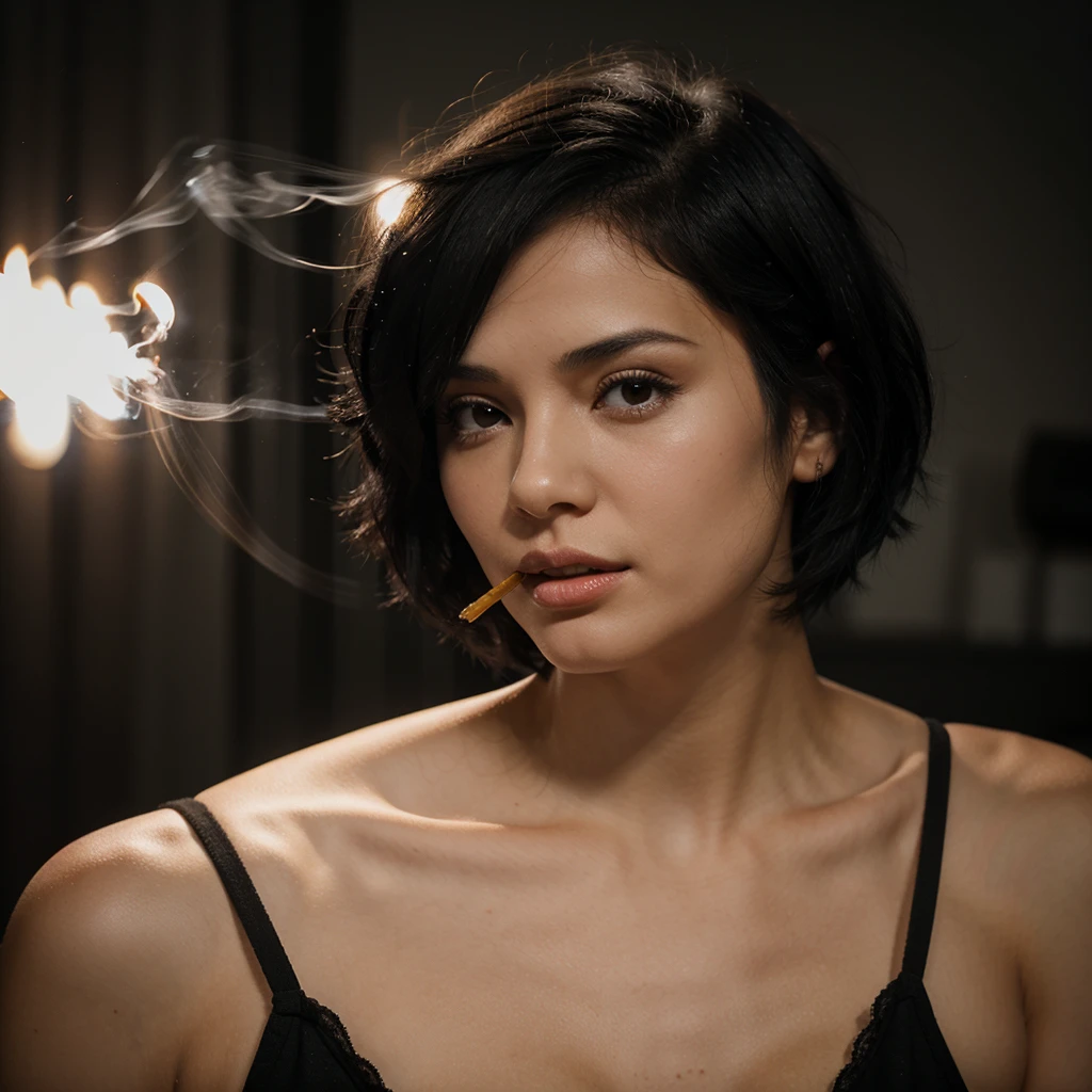 Girl with medium short black hair. while smoking at night