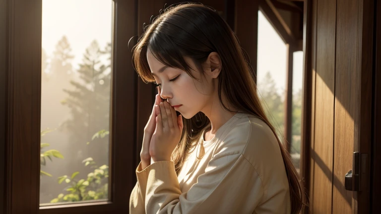 A person sits in a peaceful and serene environment, with eyes closed and hands clasped in prayer, surrounded by a soft golden light, representing the welcoming divine presence.