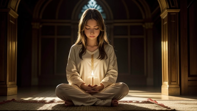 A person sits in a peaceful and serene environment, with eyes closed and hands clasped in prayer, surrounded by a soft golden light, representing the welcoming divine presence.