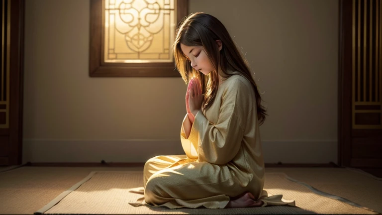 A person sits in a peaceful and serene environment, with eyes closed and hands clasped in prayer, surrounded by a soft golden light, representing the welcoming divine presence.