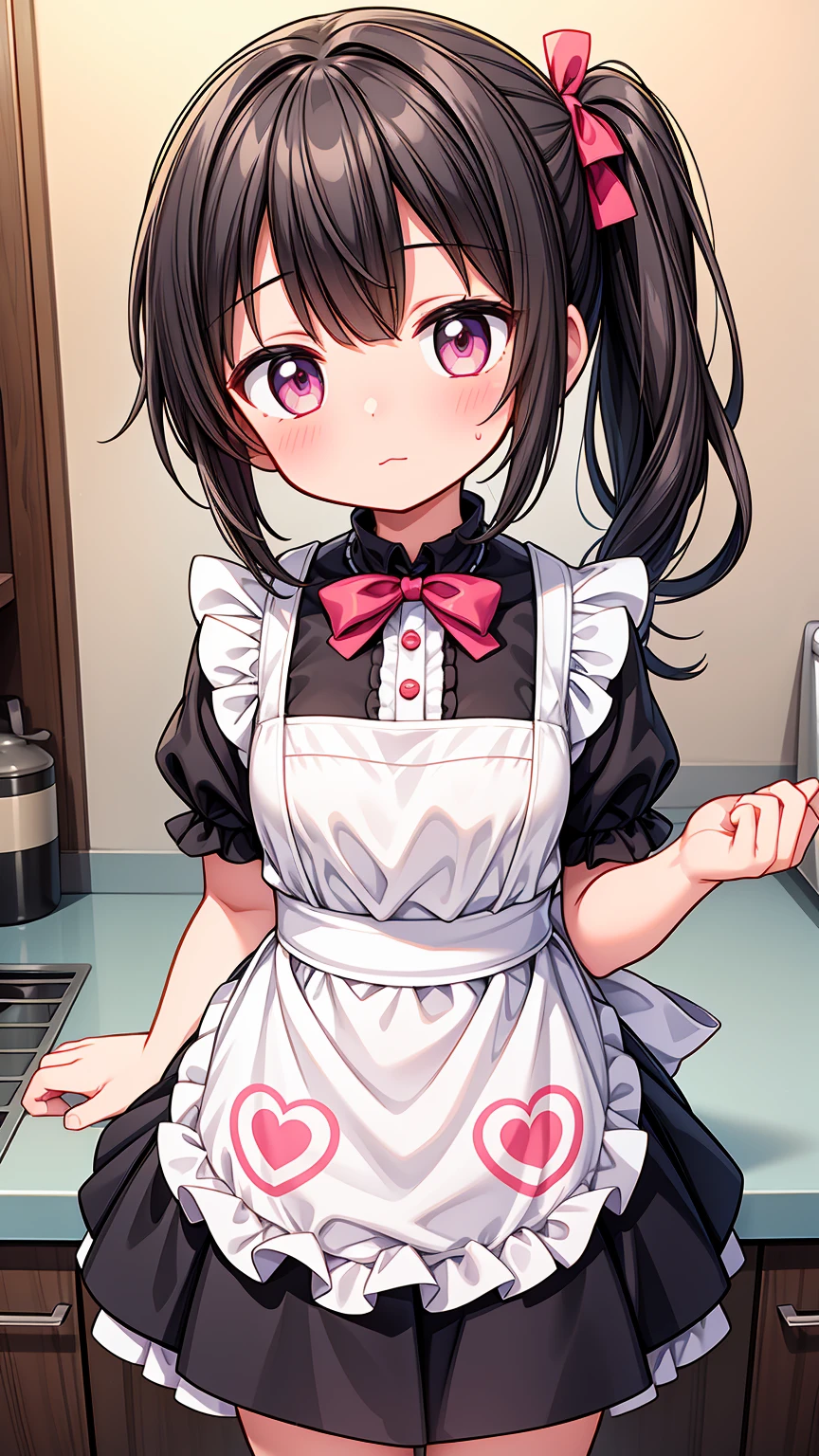 (8K, Highest image quality, highest quality, masterpiece, dynamic lighting), detailed face, (()), ((girl)), (little curve), short black hair, one side ponytail hairstyle, pink eyes, ((very small bust)), (apron), the character feels happiness, cowboy shot, kitchen background, ((very blushing)), ((detailed hands and fingers)), viewer perspective from below, (blush), more detailed