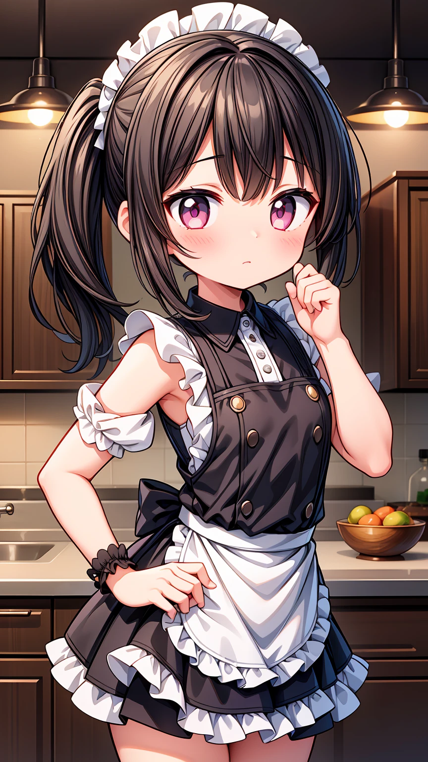 (8K, Highest image quality, highest quality, masterpiece, dynamic lighting), detailed face, ((loli)), ((girl)), (little curve), short black hair, one side ponytail hairstyle, pink eyes, ((very small bust)), (apron), the character feels happiness, cowboy shot, kitchen background, ((very blushing)), ((detailed hands and fingers)), viewer perspective from below, (blush), more detailed