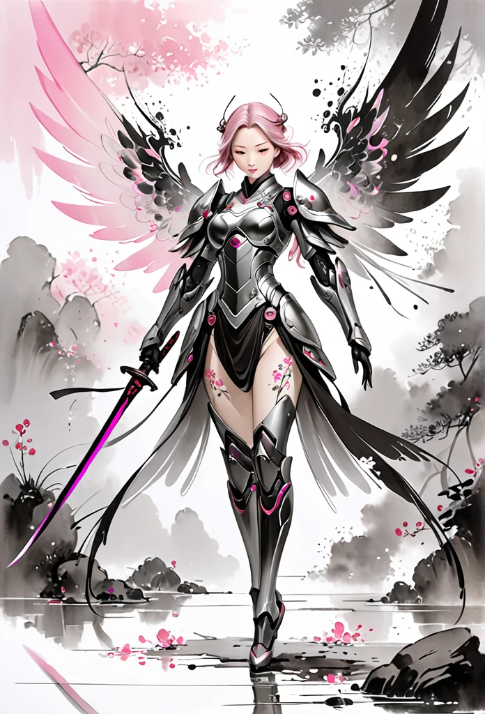 Chinese painting,Ethereal beauty,Ink wash painting,Ink splashes,Gongbi,Delicate brushwork,Zen simplicity,A large robotic angel with two wings, silver and black armor, pink highlights, holding swords in each hand, standing on the ground facing forward, in the style of Peter Mohrbacher, concept art for an anime action game