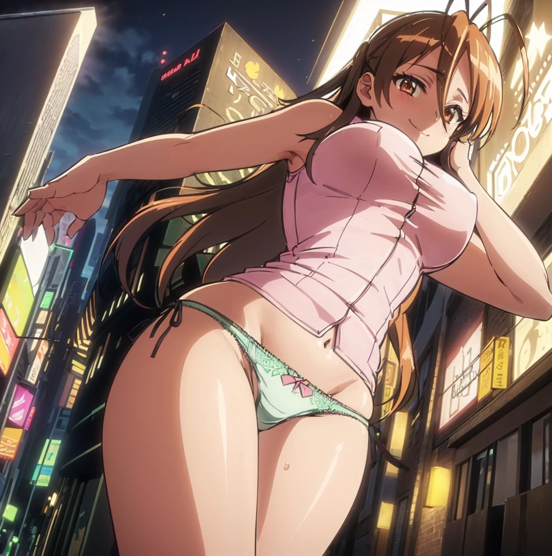 ((1 girl)), ((alone)), Rei Miyamoto, ((Extremely detailed CG unity 4k wallpaper)), (Masterpiece), (ultra quality), (Ultra detailed), (best illustration), ( best shadow), (extremely detailed), looking at viewer, (absurdities), (detailed background), curvy body, dynamic pose, cowboy photo, large breasts, medium waist, wide hips, medium thighs, round butt,(( long hair, brown hair, hair antennae, brown eyes, light pink sleeveless shirt, cleavage, abdomen view, green panties, black lace panties, pink, white shirt, abdomen, navel, smile, closed mouth), seductive, Standing, cowboy photo, backlight, ((solo)), ((Standing:1.4, outdoor, night, cityscape, city, street lights, (sexy smile, sexy pose: 1.4) , looking forward, ((focus on panties), pov: (from below), perfect anatomy, perfect hands,