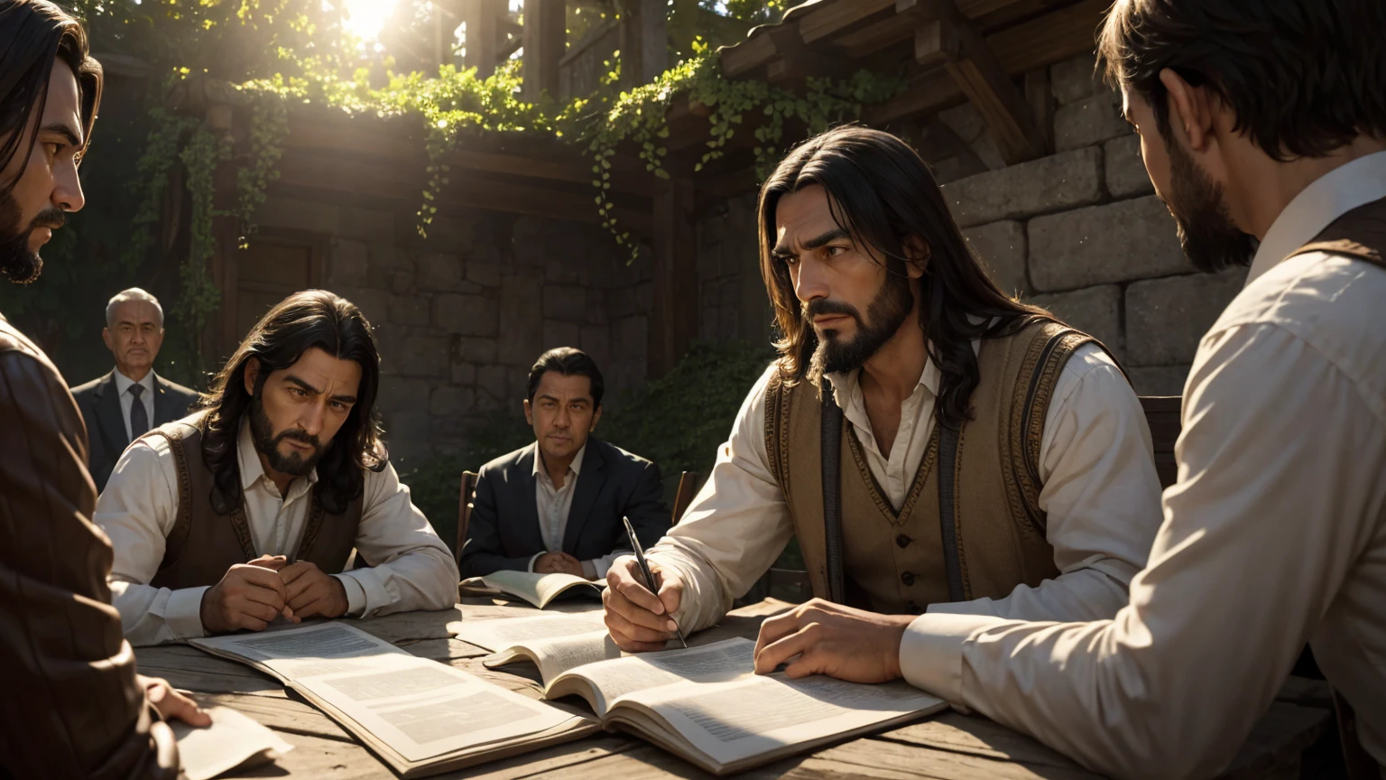 The scenery is detailed with HDR and natural lighting, capturing the contrast between bright sunlight and soft shadows. The man, With determined expression, is focused on his tax collection work, while in the background, Jesus teaches with warm gestures and a group of people listens attentively, creating an environment of tension and reflection.
