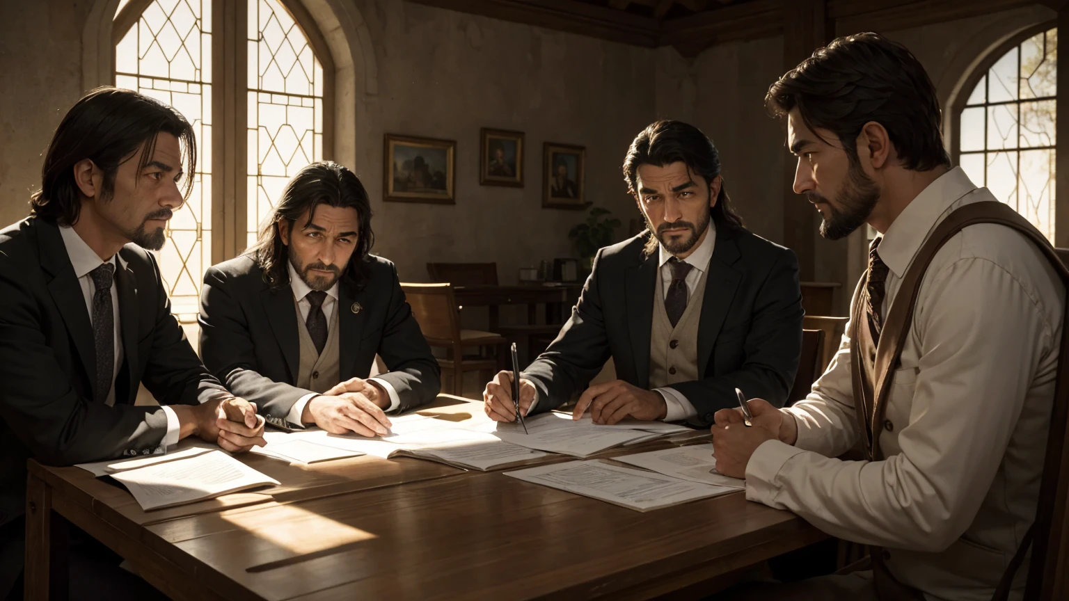 The scenery is detailed with HDR and natural lighting, capturing the contrast between bright sunlight and soft shadows. The man, With determined expression, is focused on his tax collection work, while in the background, Jesus teaches with warm gestures and a group of people listens attentively, creating an environment of tension and reflection.