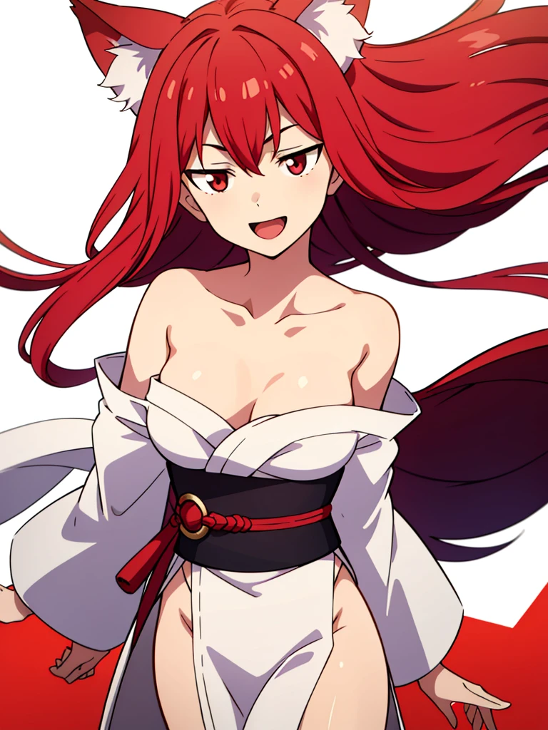 1girl ,solo,20s,mature female,smile,open mouth,red hair,long hair,fox ears,(white background),white yukata,bare shoulders,cowboy shot