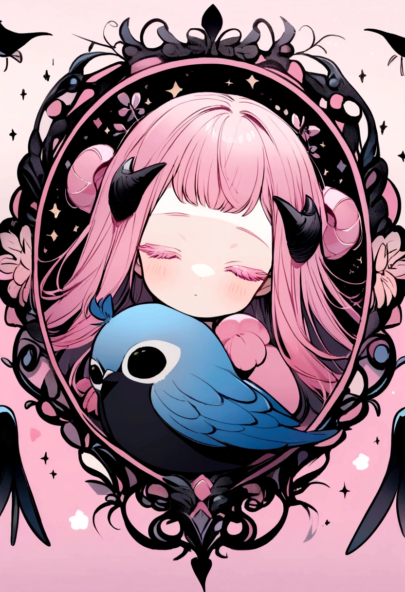 drawing of a stuffed animal of a light blue bird with pink tones, two small horns on its dark pink head, closed eyes with pink eyelashes, black wings