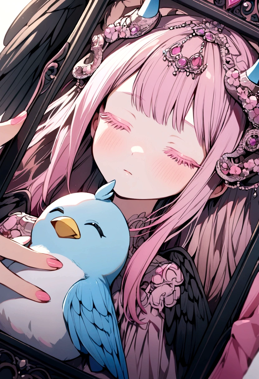 drawing of a stuffed animal of a light blue bird with pink tones, two small horns on its dark pink head, closed eyes with pink eyelashes, black wings