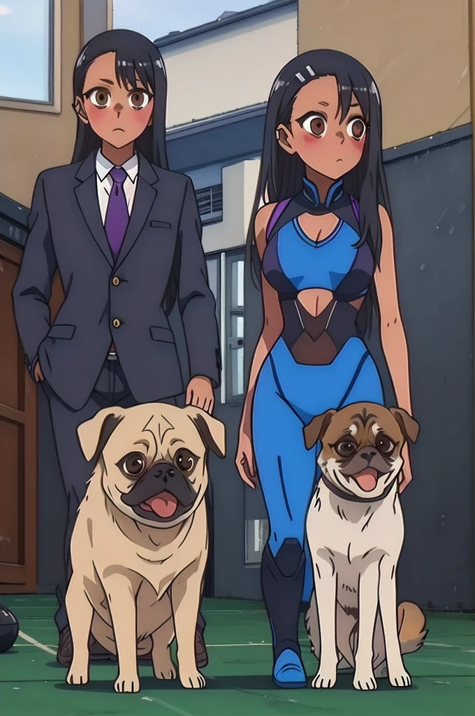 Two Tanned girls, dark hair with Violet shine, light brown eyes, Robots under construction, in a Black suit, with a Pug dog and behind a girl who is death. 