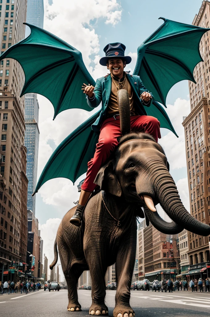 A dog with a hat riding an elephant with dragon wings in New York