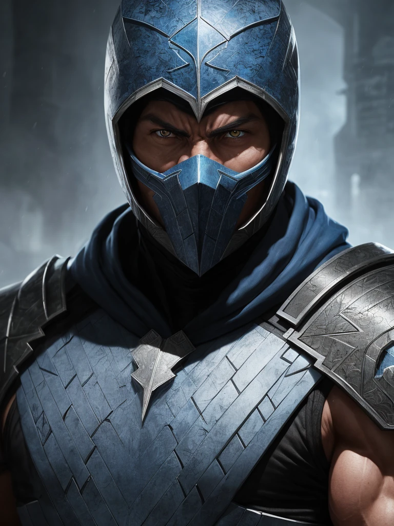 a portrait, sub zero from mortal kombat, detailed white eyes, bladk and sky blue armor, hood, veins on his arm, Intricate, High Detail, Sharp focus, dramatic, photorealistic painting art by greg rutkowski