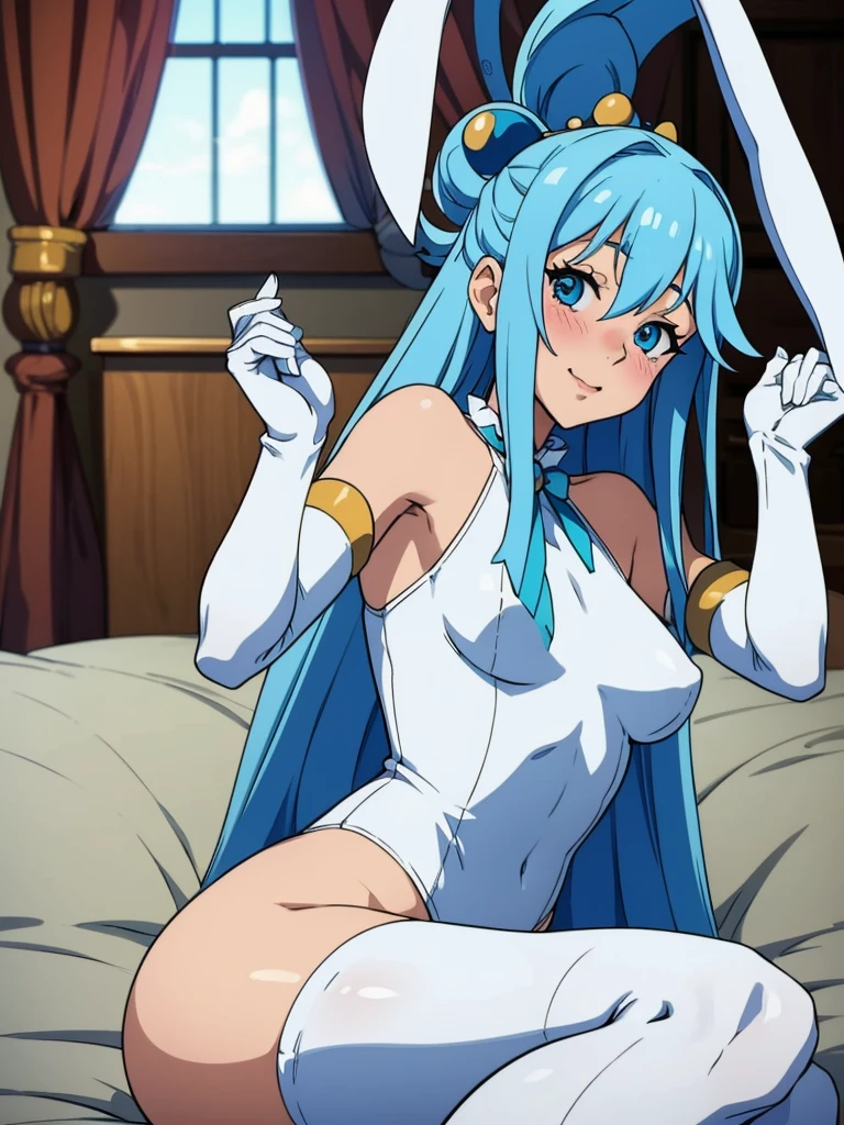 Best quality, masterpiece, ((bunny suit, bunny ears, white swimsuit, elbow gloves, White gloves, white microskirt, white tights)), 1 girl, thin lips, Aqua Konosuba, blue hair, Beautiful face, lush, oily leather, wide hips, small waist, cute, Sitting, on the bed, Cute, A slight smile, Bedroom, soft lighting, detailed eyes, Detailed hands