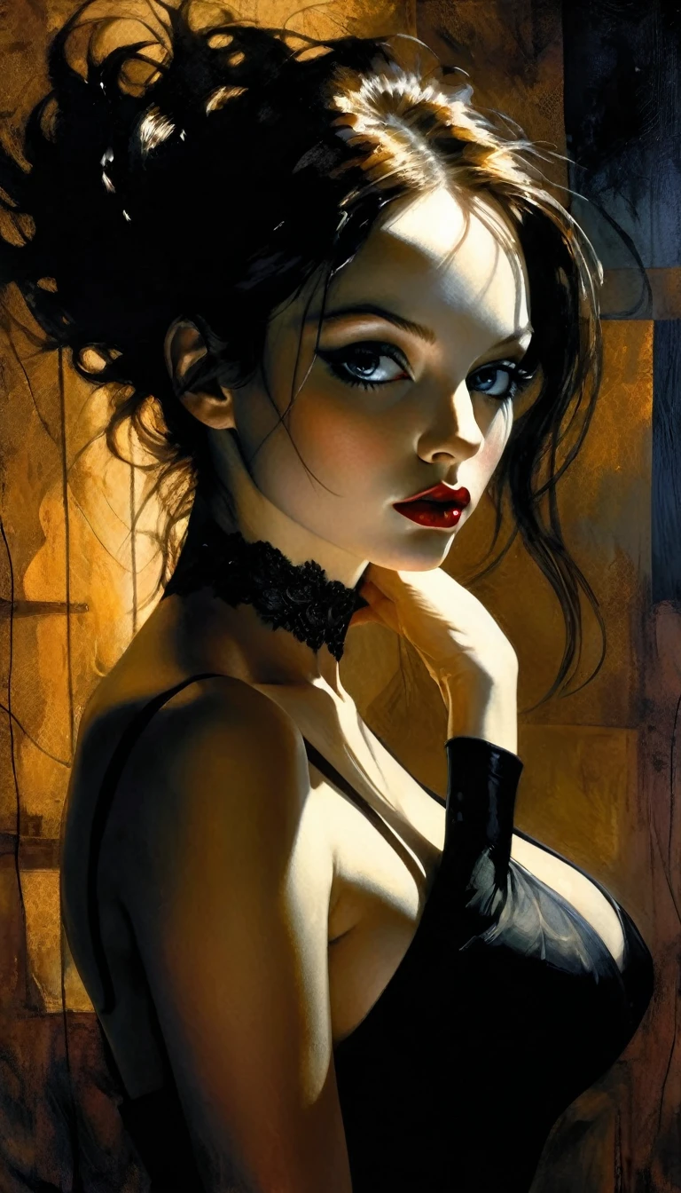 sm, sexy, bk and white image, between shadows, oil painting, dramatic lighting, dramatic contrast, chiaroscuro, detailed face, sensual expression, elegant pose, female figure, mysterious, moody, cinematic, dark romantic, Bill Sienkiewicz inspired, dark atmosphere, powerful composition, dramatic shadows, high quality, photorealistic, masterpiece (best quality,4k,8k,highres,masterpiece:1.2),ultra-detailed,(realistic,photorealistic,photo-realistic:1.37),intricate details,vivid colors,sharp focus,professional,Dave McKean artwork, oil touch of surrealism,oil painting style,portrait,woman,beautiful detailed eyes,beautiful detailed lips,dreamlike atmosphere,shadow play,soft lighting,playful pose,minimalist room,dark hues,ethereal background,fantasy elements,texture,layered composition.