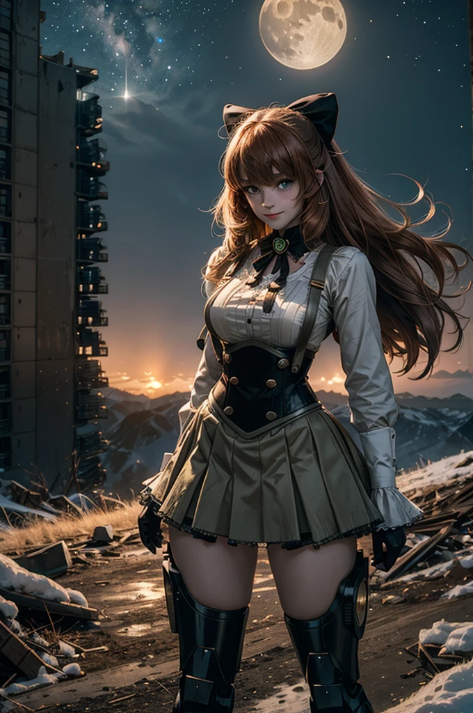 cowboy shot, (dynamic pose), smile, underbust, Penny Polendina, long hair, neck ribbon, suspender skirt, corset, black bow, white blouse, mechanical legs, neon trim, standing, ((people in city ruins on hill, overlooking valley)), BREAK night, stars, moon, snow, BREAK mountains in background, waterfall, vehicle wreck, ((people in military uniform)), bonfires, post-apocalypse, dystopian future, (volumetric lighting), intricate details, tonemapping, sharp focus, hyper detailed