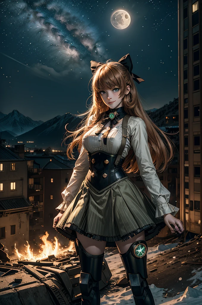 cowboy shot, (dynamic pose), smile, underbust, Penny Polendina, long hair, neck ribbon, suspender skirt, corset, black bow, white blouse, mechanical legs, neon trim, standing, ((people in city ruins on hill, overlooking valley)), BREAK night, stars, moon, snow, BREAK mountains in background, waterfall, vehicle wreck, ((people in military uniform)), bonfires, post-apocalypse, dystopian future, (volumetric lighting), intricate details, tonemapping, sharp focus, hyper detailed