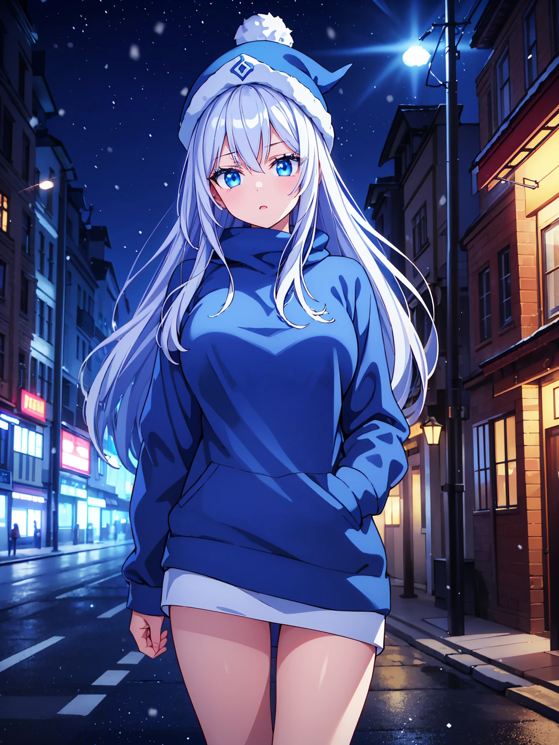 a girl with long blue hair, blue eyes, blue eyelashes, big breasts, white sweatshirt with a hat, walking, upset, on a street in Russia, snowing heavily, at night, (best quality,4k,8k,highres,masterpiece:1.2),ultra-detailed,(realistic,photorealistic,photo-realistic:1.37),HDR,UHD,studio lighting,extreme detail description,vivid colors,portrait,dramatic lighting,cold color tone