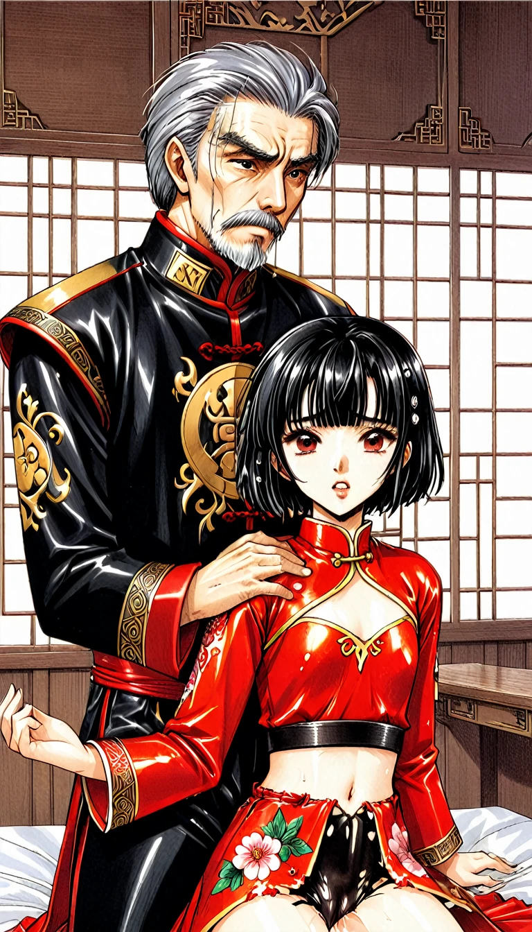 A tragic historical drama in 8k live-action style: Beautiful palace secrets　Beautiful 10 year old Chinese Kung Fu girl princess with short black hair has very rough unwanted sex with old man emperor　Gorgeous embroidery, Ultra glossy, She is wearing a shiny red top and bottom long sleeve floral kung fu suit....　　Her pants were forcibly torn off by the old man, exposing her genitals.