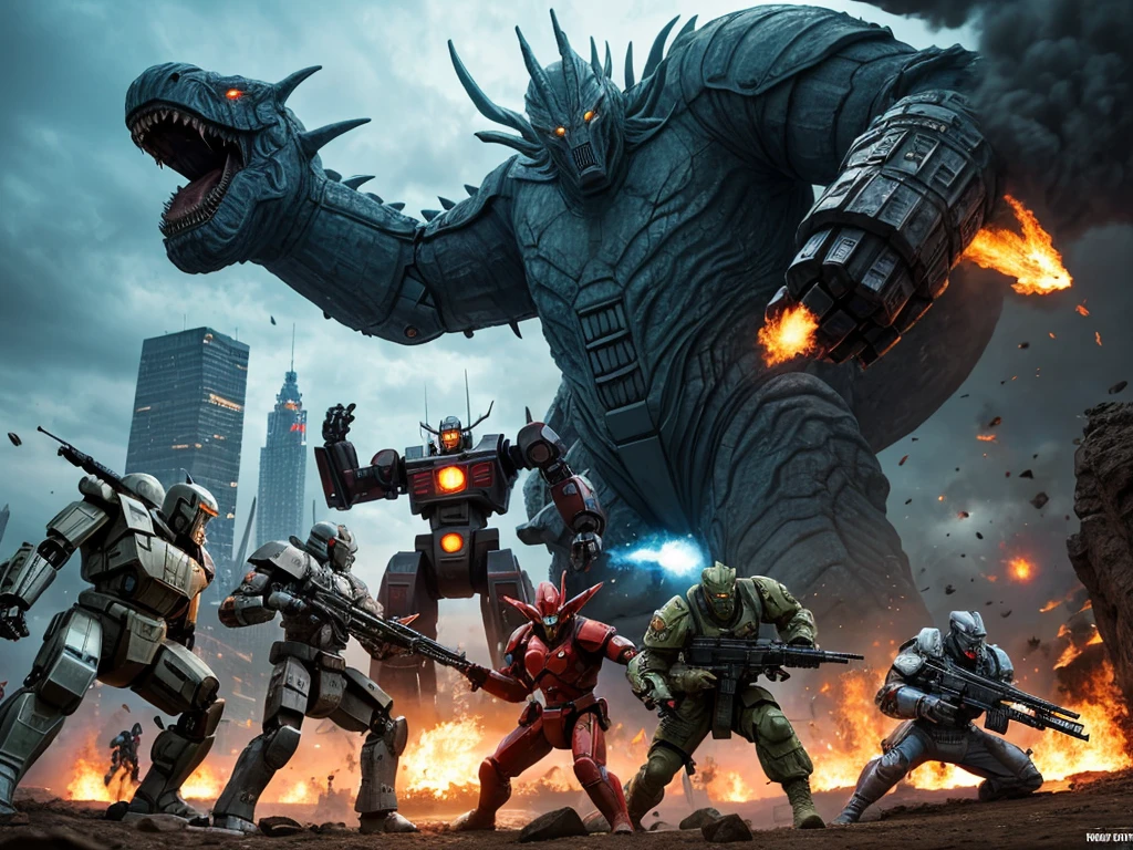 a group of soldiers and a giant robot battling a huge kaiju