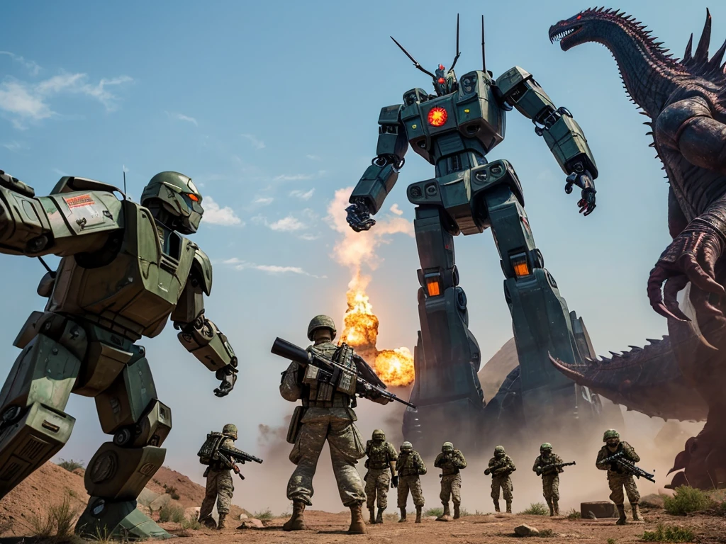 a group of soldiers and a giant robot battling a huge kaiju