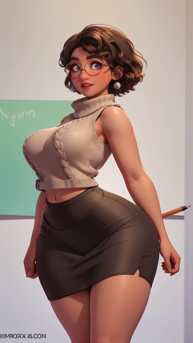 view from behind, big butt, wide hips, slim waist, thick thighs, Velma, glasses, smile, ((sleeveless sweater)), (((pencil skirt))), (((brown skin))), detailed skin, perfect legs, perfect thighs, (((curvy body))), BIG BREASTS, INVITING TO SEX