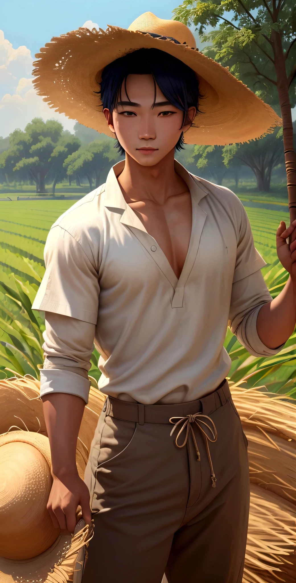 An image of Li, a young male farmer wearing simple traditional clothes: a loose shirt, pants, and a straw hat, working in his field with a lush and vibrant background. (good quality:1.2), (Ultradetailed:1.2), (ultradetailed face:1.2), (ultradetailed body:1.2)