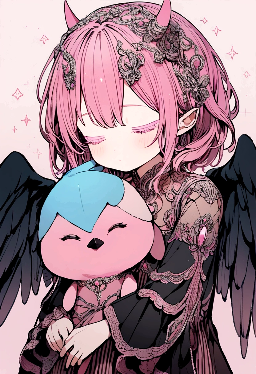 drawing of just a stuffed animal of a light blue bird with pink tones, two small horns on its dark pink head, closed eyes with pink eyelashes, black wings
