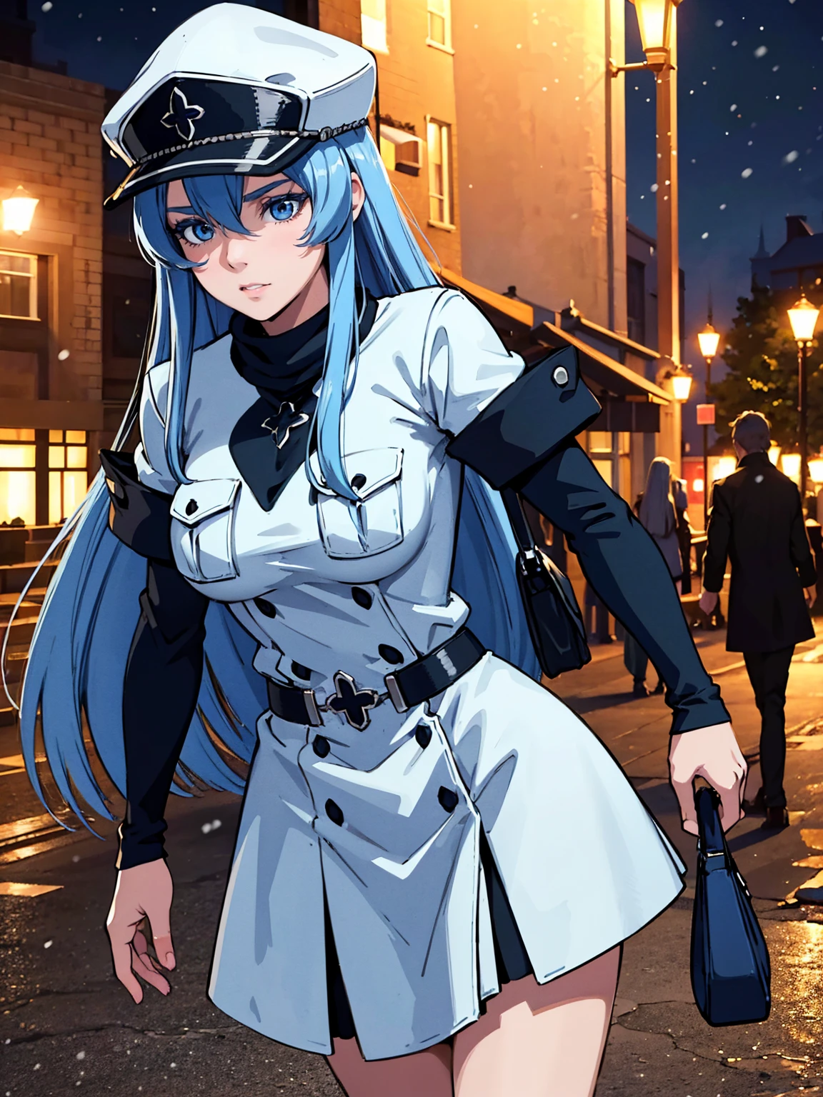 a girl with long blue hair, blue eyes, blue eyelashes, big breasts, white sweatshirt with a hat, walking, upset, on a street in Russia, snowing heavily, at night, (best quality,4k,8k,highres,masterpiece:1.2),ultra-detailed,(realistic,photorealistic,photo-realistic:1.37),HDR,UHD,studio lighting,extreme detail description,vivid colors,portrait,dramatic lighting,cold color tone