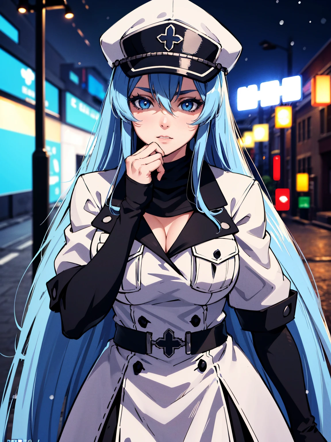 a girl with long blue hair, blue eyes, blue eyelashes, big breasts, white sweatshirt with a hat, walking, upset, on a street in Russia, snowing heavily, at night, (best quality,4k,8k,highres,masterpiece:1.2),ultra-detailed,(realistic,photorealistic,photo-realistic:1.37),HDR,UHD,studio lighting,extreme detail description,vivid colors,portrait,dramatic lighting,cold color tone
