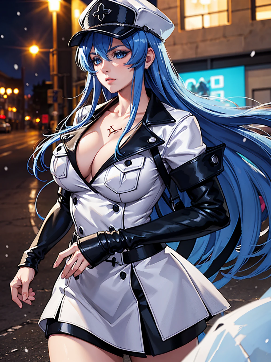 a girl with long blue hair, blue eyes, blue eyelashes, big breasts, white sweatshirt with a hat, walking, upset, on a street in Russia, snowing heavily, at night, (best quality,4k,8k,highres,masterpiece:1.2),ultra-detailed,(realistic,photorealistic,photo-realistic:1.37),HDR,UHD,studio lighting,extreme detail description,vivid colors,portrait,dramatic lighting,cold color tone