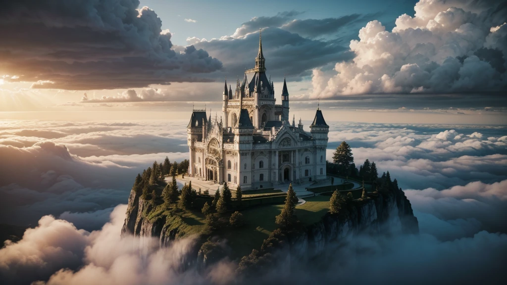 "Create a rainy landscape with a gray sky and dense clouds. En el centro de la imagen, place a divine figure representing God, flying with open arms and a serene countenance. God must be enveloped in a soft, golden glow, contrasting with the rainy scenery around. Ao fundo, bem distante, enter a majestic all-white castle, with detailed and imposing architecture, situated on top of a hill. The castle should be surrounded by soft white clouds, and bright sunbeams shall emerge from behind him, breaking through the clouds and partially illuminating the scene. Make sure the sun's rays create an ethereal, celestial effect, highlighting the castle and giving a mystical air to the landscape."