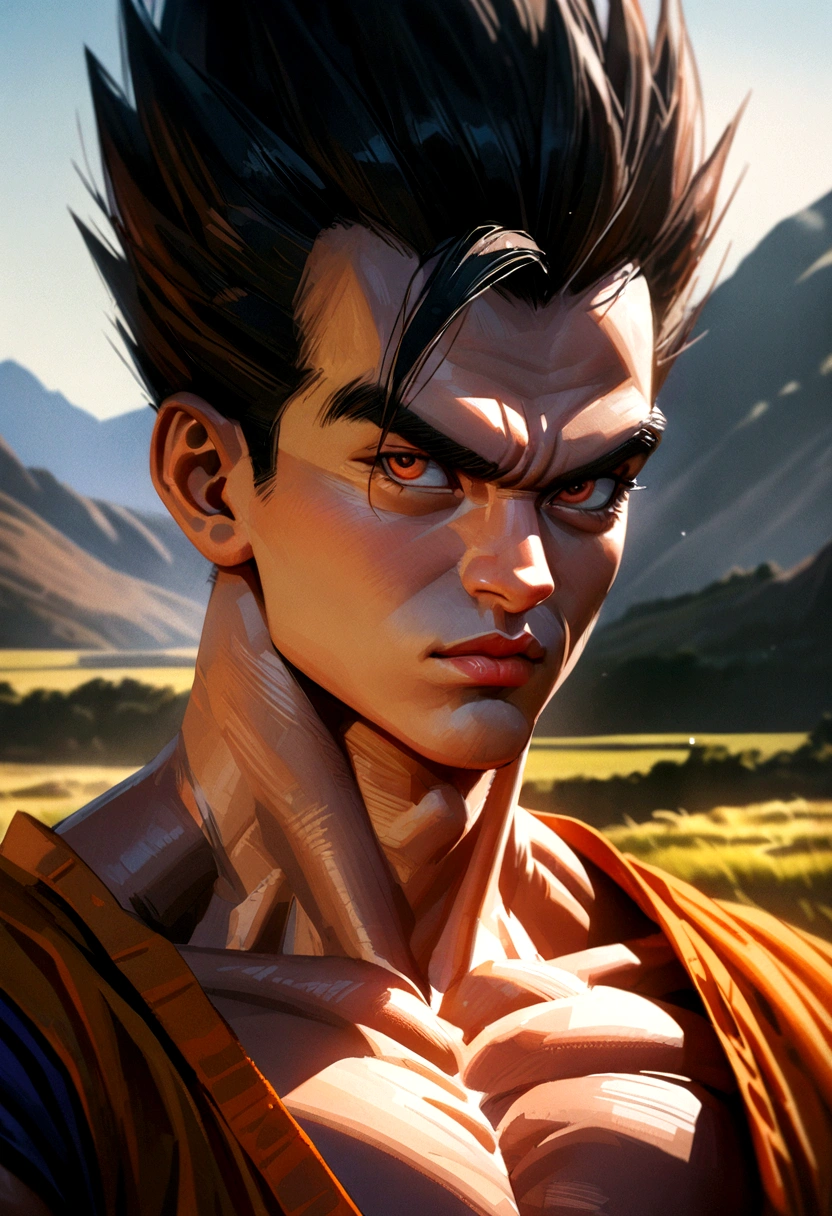 a detailed portrait of gohan from dragonball, serious expression, sitting in a field with mountains in the background, beautiful detailed eyes, beautiful detailed lips, extremely detailed face, long eyelashes, muscular physique, wearing a orange gi, dramatic lighting, cinematic composition, digital painting, vibrant colors, masterpiece, 8k, photorealistic, hyper detailed
