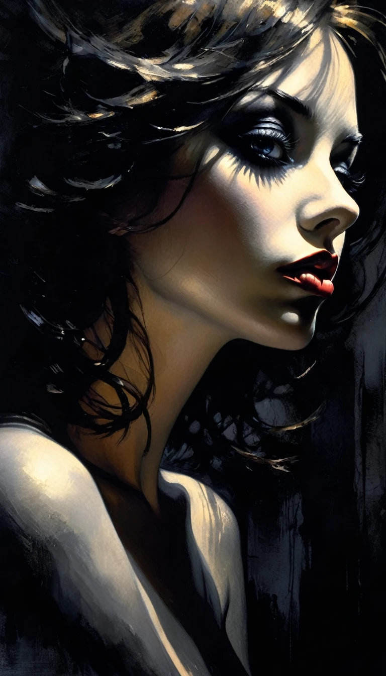 eroticism, sexy, black and white image, between shadows, oil painting, dramatic lighting, dramatic contrast, chiaroscuro, detailed face, sensual expression, elegant pose, female figure, mysterious, moody, cinematic, dark romantic, Bill Sienkiewicz inspired, dark atmosphere, powerful composition, dramatic shadows, high quality, photorealistic, masterpiece (best quality,4k,8k,highres,masterpiece:1.2),ultra-detailed,(realistic,photorealistic,photo-realistic:1.37),intricate details,vivid colors,sharp focus,professional,Dave McKean artwork, oil touch of surrealism,oil painting style,portrait,woman,beautiful detailed eyes,beautiful detailed lips,dreamlike atmosphere,shadow play,soft lighting,playful pose,minimalist room,dark hues,ethereal background,fantasy elements,texture,layered composition.