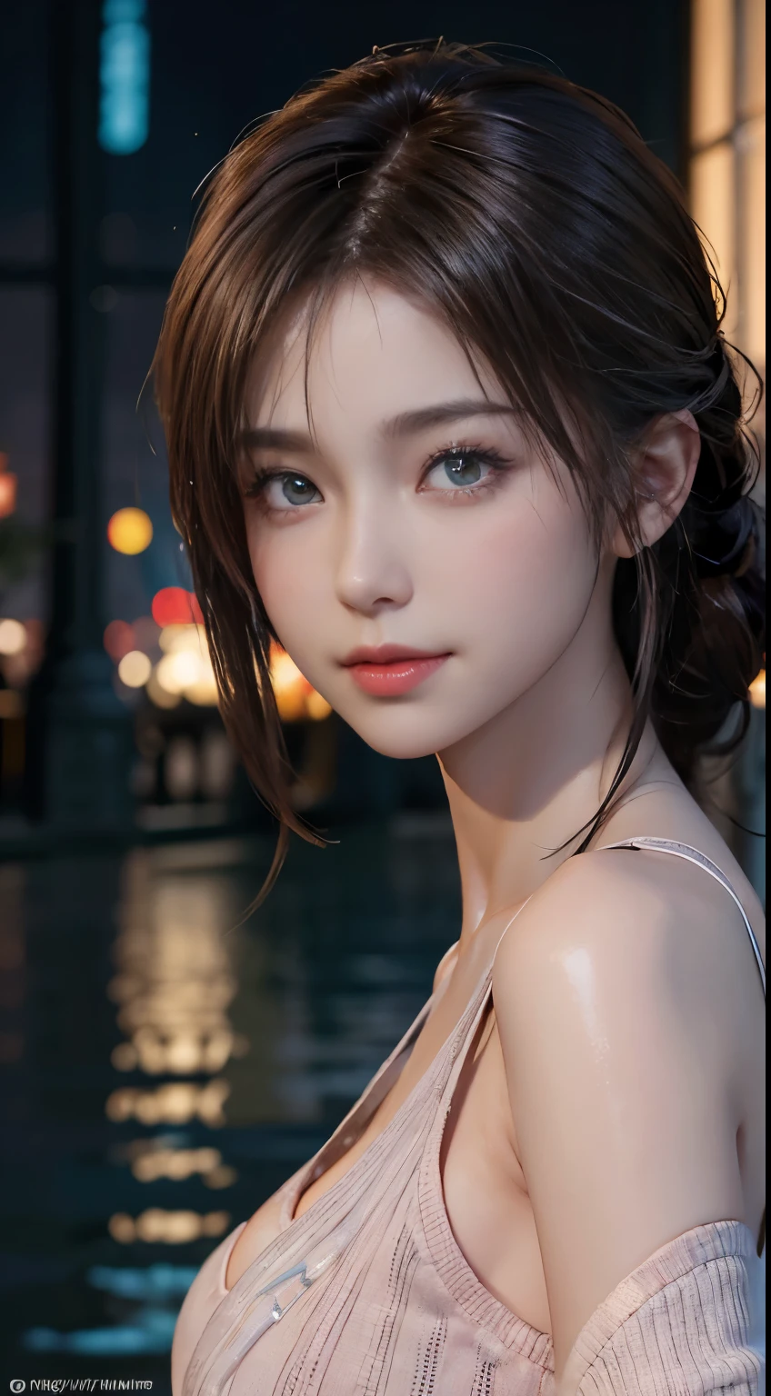 (logo, masterpiece, 8K, Tabletop, RAW Photos, wonderful, 最high quality, Photorealistic and very detailed CG composite 8k wallpaper, high quality, Very detailed, Narrative poem, Particle Effects, Dynamic Effects, Depth of the Boundary, Cinematic Light, Lens flare, Ray Tracing), short hair beautiful young woman, Hair tied back, high detail skin, very fine, fine skin texture, beautiful face, realistic eyes, beautifully detailed eyes, realistic skin, beautiful skin, surreal, smiling eyes, Hair and light eyes, Vibrant, Colorful lights and bokeh. The lighting casts a warm glow on her face and hair, Blue glow, Water surface reflection, Creates a dreamy and magical atmosphere, Big Breasts, Brown Hair, short hair, plump lower lip, pink blush on the cheeks , pink lips, brown tight no-shoulder knit sweater