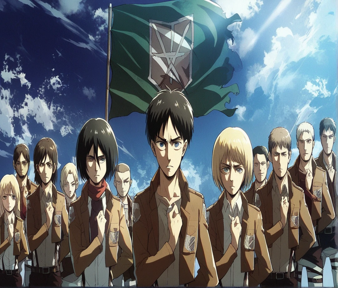 Attack on titan characters saluting with the flag behind them, 4k, amazing quality,