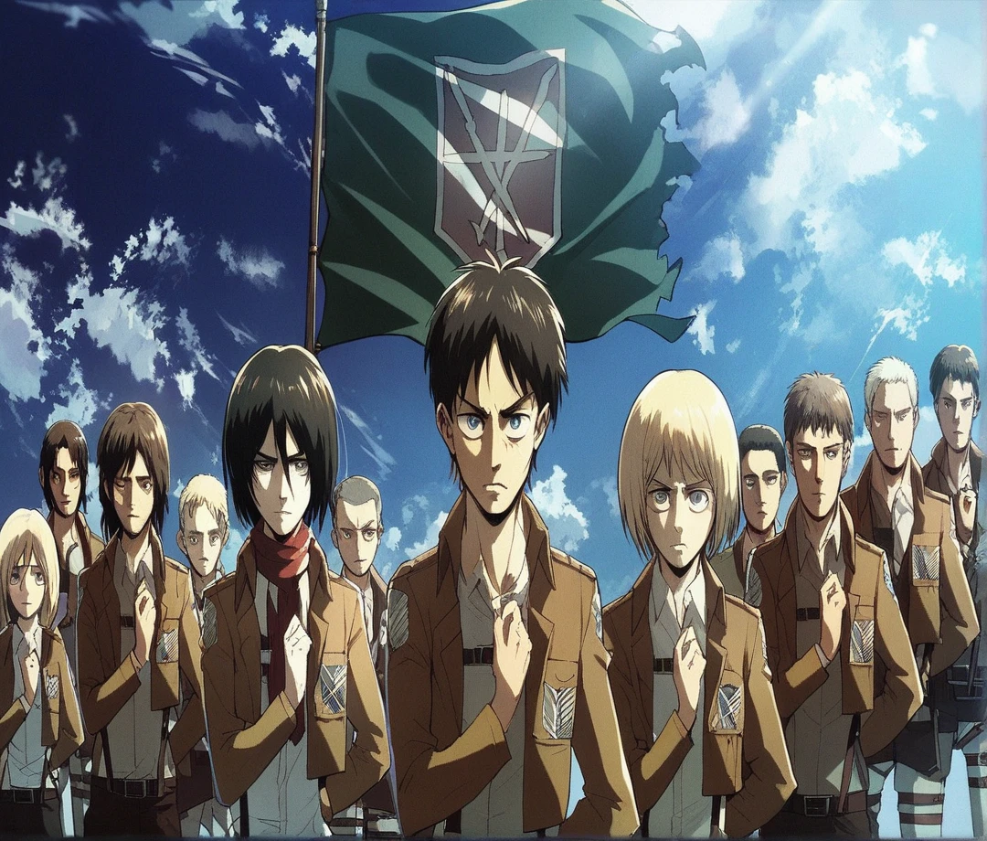 Attack on titan characters saluting with the flag behind them, 4k, amazing quality,