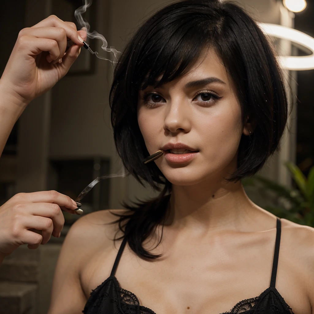 Girl with medium short black hair. while smoking at night 