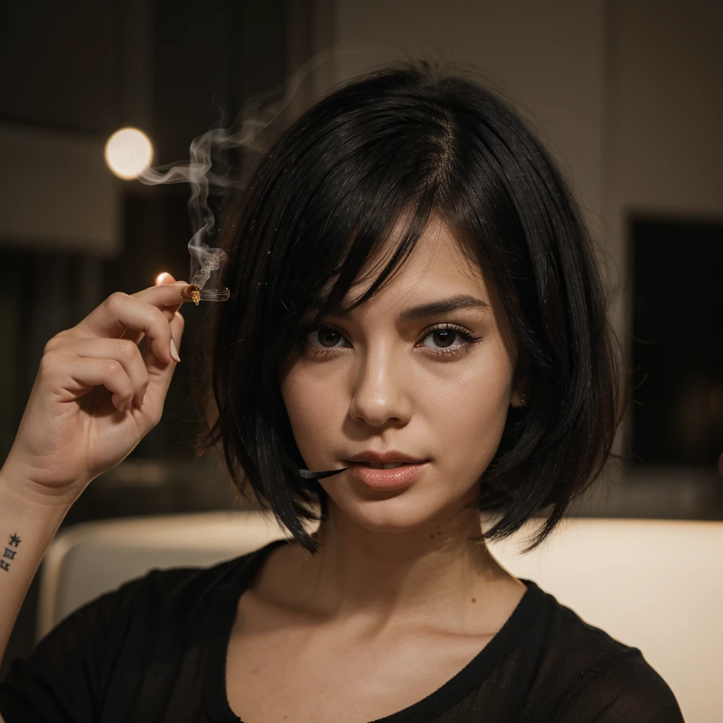 Girl with medium short black hair. while smoking at night 